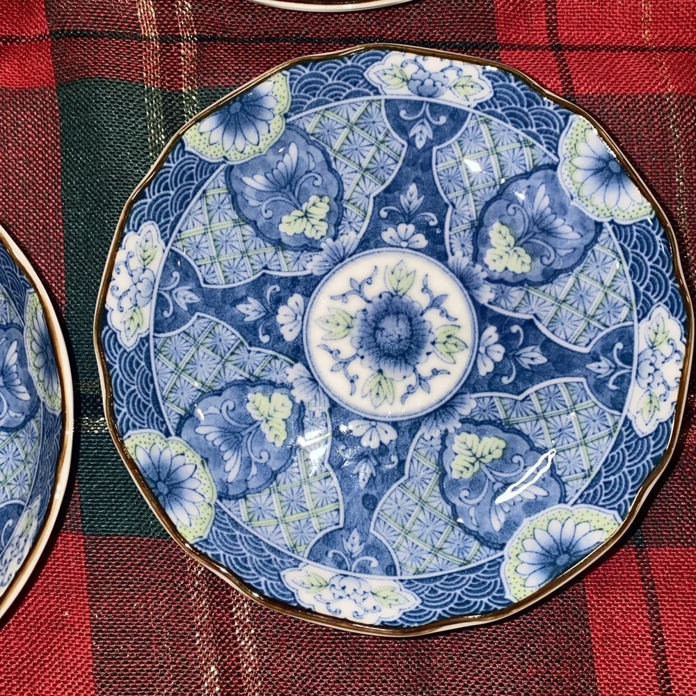 4‎ Hijiri Gama Vintage Japanese Plate Signed Blue White & Green 4.5